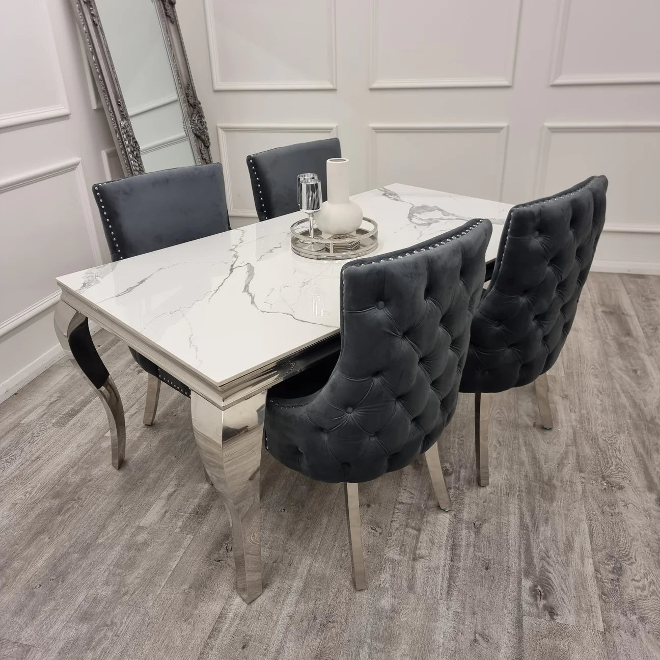 1.5 WHITE OR GREY MARBLE 4  DARK GREY CHAIRS - Mirror4you